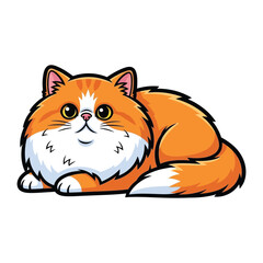 Cute Feline: A charming cartoon illustration of a fluffy orange cat lying down with an adorable, innocent expression, designed to capture the essence of playful cat companionship.