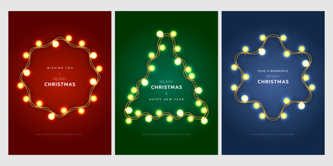 Christmas light garland frame greeting cards. Glowing fairy light bulbs with wavy string wire border on red, green, blue background. Decorative wreath banner for promotions, cards, invitations, etc.
