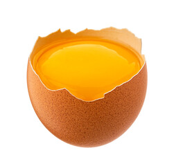Raw egg yolk in half brown eggshell isolated on white background