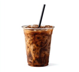 Iced coffee drink in clear plastic cup with straw