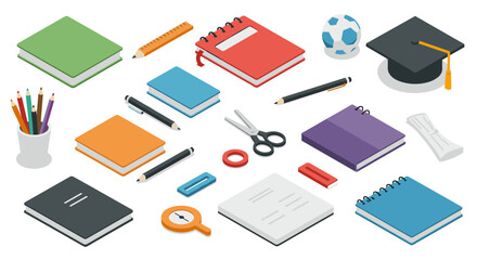 Isometric school supplies and office essentials with books, notebooks, and stationery