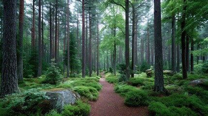 Obraz premium Lush Green Forest with Tall Trees and a Narrow Path in Daytime