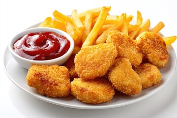 Crispy fried chicken nuggets and french fries on a plate with ketchup (1)