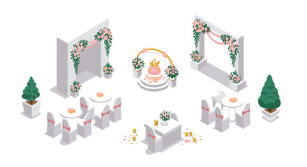Elegant wedding reception with floral decor and cake in isometric style