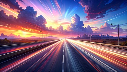 A vibrant highway stretches into a colorful sunset over a city skyline, showcasing motion blur and dynamic hues.