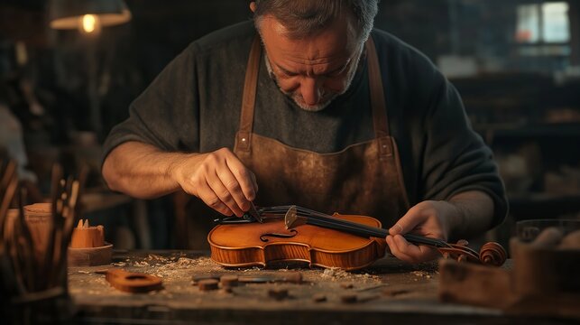 Skilled craftsman meticulously repairing a violin in a workshop, surrounded by tools and wood shavings, showcasing dedication to the art of instrument making