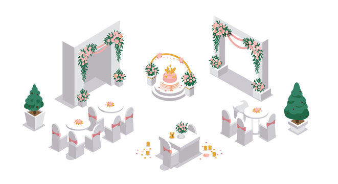 Elegant wedding reception with floral decor and cake in isometric style