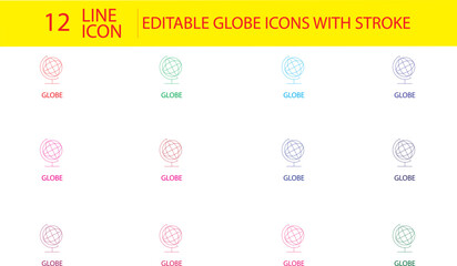 Editable globe line icons with strokes, ideal for education, travel, geography, world map, global studies, and international projects.