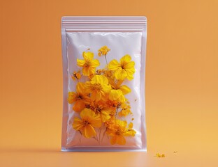 White pouch filled with yellow flowers on orange background