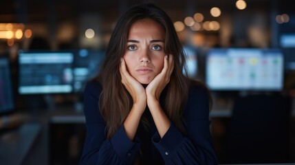 Young woman with long dark hair is sitting at a desk, looking contemplative and stressed, surrounded by computer screens in a modern workspace atmosphere