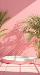 Pink, circular podium with palm trees.  Sunlight casts shadows