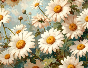 Fototapeta premium A vibrant, detailed depiction of numerous daisy flowers in a rich, painted style.