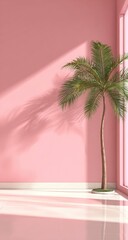 Pink room with palm tree and sunlight