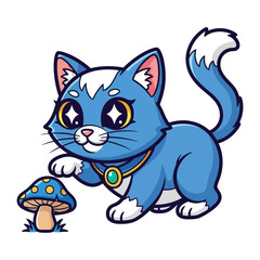 Whimsical Blue Kitten & Mushroom: A charming illustration captures the essence of childlike wonder as a playful blue kitten gently interacts with a vibrant mushroom, creating a delightful scene. 