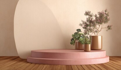 Pink podium with plants against beige backdrop