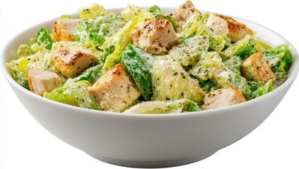 Creamy, hearty Caesar salad in a white bowl.  Grilled chicken, fresh lettuce, and creamy dressing are visible
