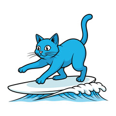 Cool Cat on Surfboard: A vibrant illustration of a stylized blue cat expertly balancing on a surfboard, riding a cresting wave with enthusiasm.