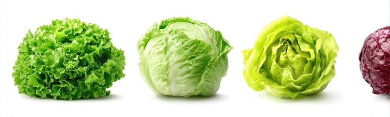 Four heads of leafy greens, including lettuce and red cabbage