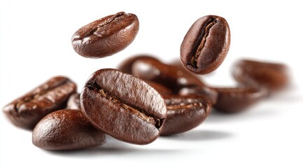 Roasted coffee beans levitate against white background
