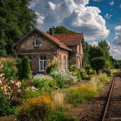 Quaint train station nestled amidst a lush garden, bathed in sunlight