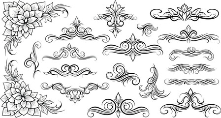 Vector art of assortment of black and white vintage ornamental flourishes and borders