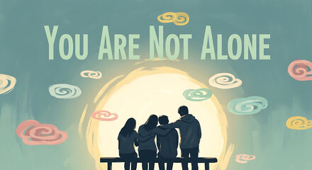 A supportive group of friends huddle together under a hopeful sky with the message 'You Are Not Alone'.
