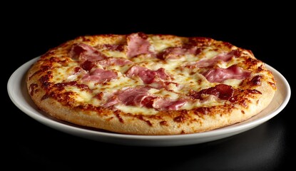 A round pizza with ham and cheese, on a white plate, against a black background