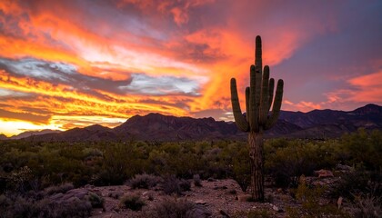 Dramatic desert sunset with saguaro