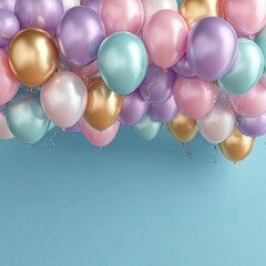 A vibrant cluster of pastel balloons against a light blue background.  