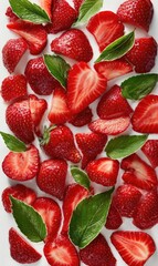 Fresh strawberry slices with green leaves on white background