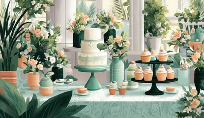 Floral dessert display in a greenhouse setting
