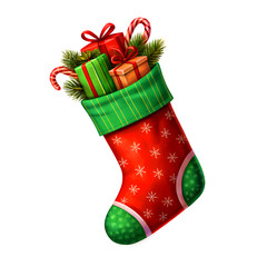 Flat Realistic Christmas Stocking Filled with Gifts Ornament in Red and Green on Transparent Background 