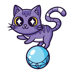 Playful Cat Balancing: A cartoon cat balances atop a shimmering crystal ball, showcasing a display of balance, charm, and whimsical wonder.