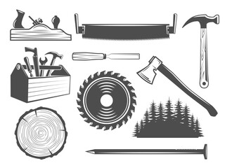 Woodwork or carpentry design elements logos. Set of vector badges for sawmill, lumberjack service or woodwork shop. Vintage labels with hand tools for logo or illustration