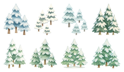 PNG Watercolor snowy pine trees, element set on transparent background