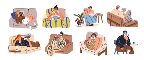 Fototapeta na wymiar Reading at home set. People relaxing with book on sofa, armchair, bed. Readers enjoying calm leisure with fiction story, novel in cozy interiors. Flat vector illustrations isolated on white background