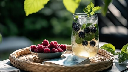 Refreshing berry mint summer drink with fresh raspberries on wicker tray outdoors