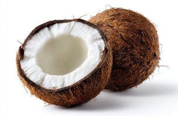 Two halves of a coconut, side by side, against a white background.