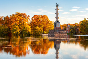 Chesme column on Grand pond in autumn in Catherine park, Tsarskoe Selo (Pushkin), Saint Petersburg,...