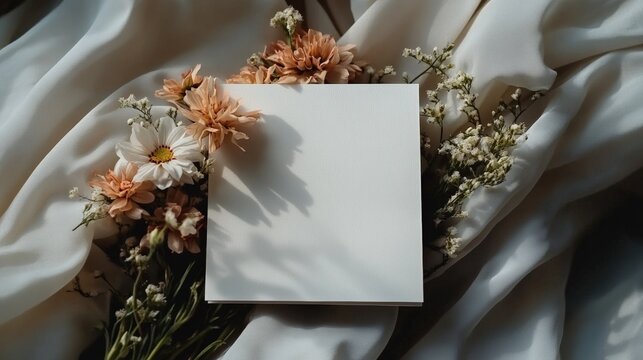 Blank card with soft flowers on elegant silk fabric background