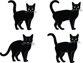 Black cat illustration set, four different cartoon style poses, spooky Halloween symbol, domestic feline drawing, cute mysterious animal vector design
