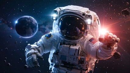 An astronaut reaches out into the vast cosmos, surrounded by distant stars, a glowing planet, and drifting asteroids.