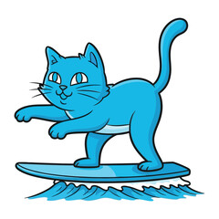 Surf's Up, Cat's Out: A playful cartoon captures a vibrant blue feline, joyfully riding a surfboard, capturing the thrill of the waves.