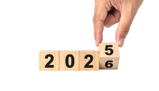 Hand holding wooden word blocks to spell out digit 5 to 6 for a new year 2025 to 2026 on PNG white background.