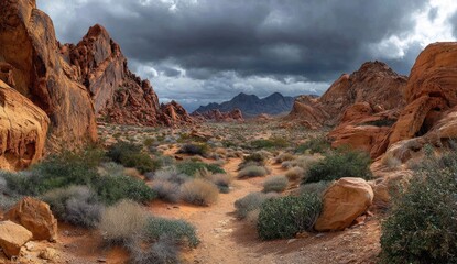 Dramatic desert landscape with sandstone formations under a stormy sky.  A path winds through a dry, arid landscape