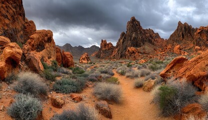 Desert landscape with dramatic red rock formations.  Panorama of a path winding through arid terrain.  Dark clouds above