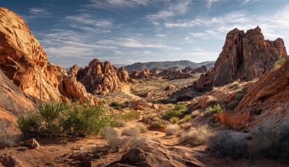 Desert landscape, sun-drenched rocks and trail