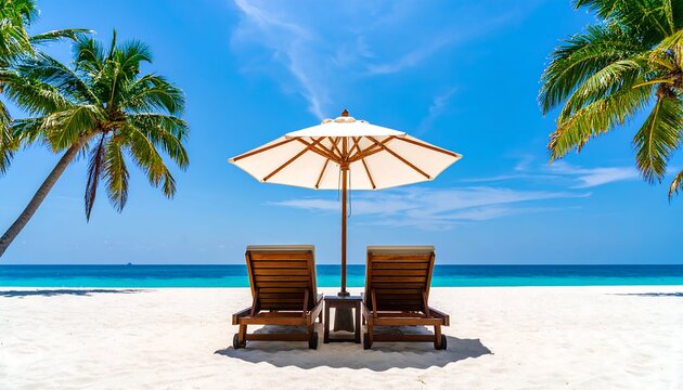 Tropical beach scene with two sun loungers and umbrella - Powered by Adobe