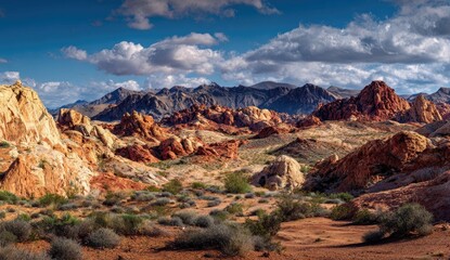 Vast desert landscape of colorful sandstone formations, under a partly cloudy sky