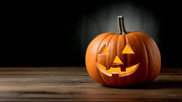 Spooky carved jack o lantern Halloween pumpkin with scary glowing face against dark background, traditional holiday symbol for festive autumn celebrations
